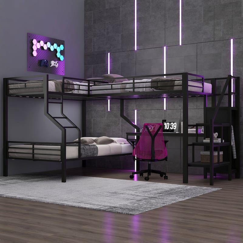 Metal L-Shaped Twin Over Full Bunk Bed with Loft Bed Frame Built-in Desk with USB, Staircase and Wardrobe for 3
