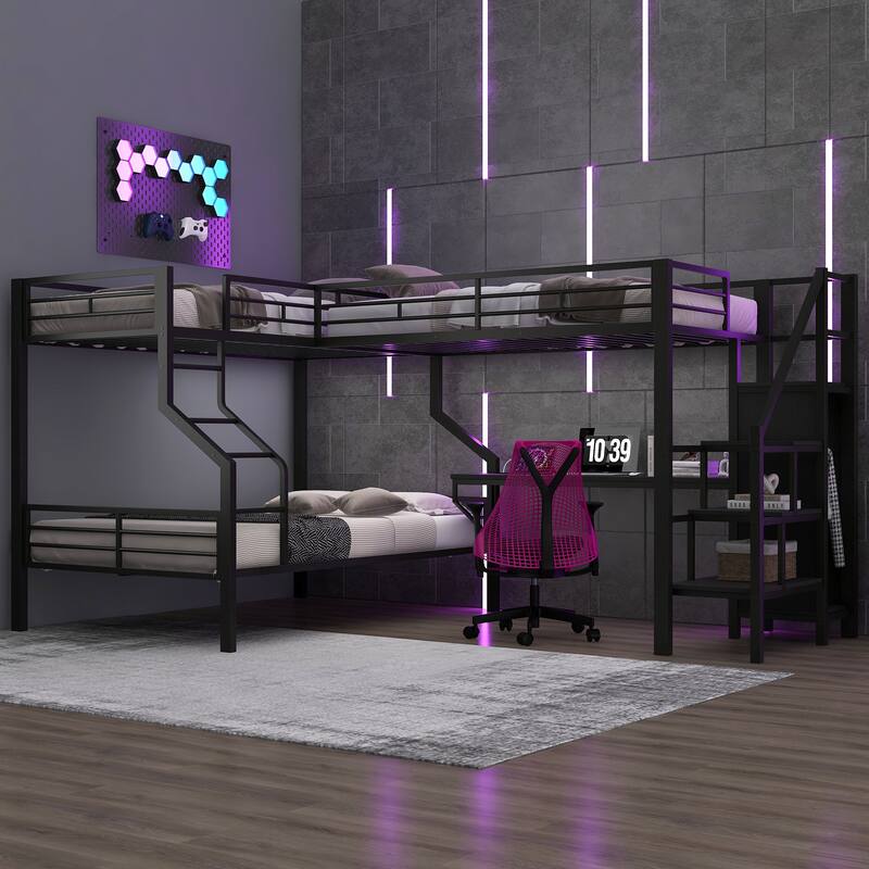Roomfitters Twin Over Full L-Shaped Metal Bunk Bed with Integrated Desk and Storage Stairs, Heavy Duty Loft Frame, Black