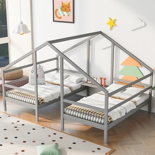 Modern Double Twin Size House Platform Beds with Built-in Table, Solid Wood Triangular House Bed