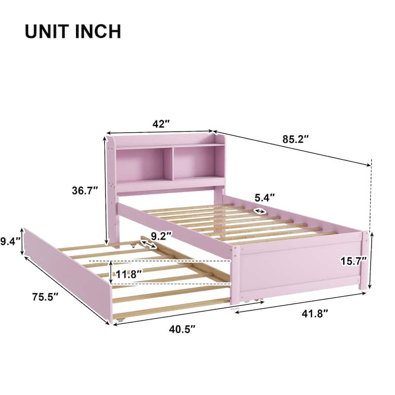 Twin/Full Bed Frame with Pull-Out Trundle and Bookcase Headboard, No Box Spring Needed