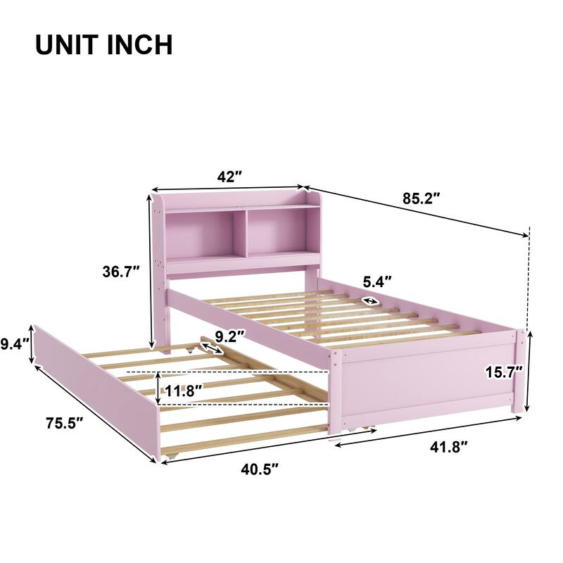 Wood Platform Bed with Trundle Bed, Storage Bed with Bookcase Headboard, Captains Bed, Wood Slat Support, No Box Spring Needed