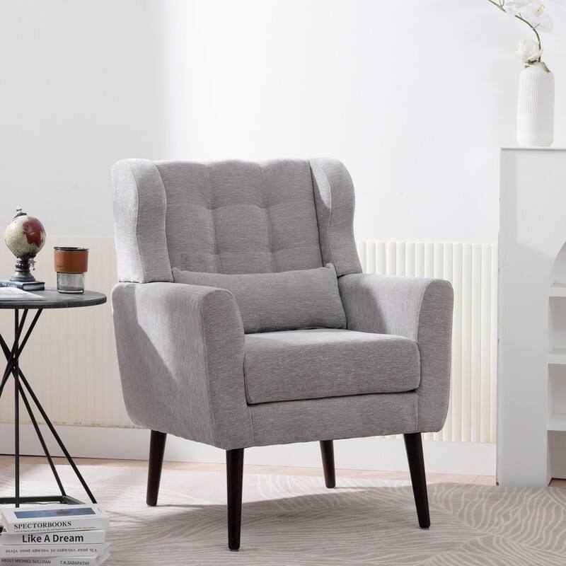 Modern Chenille Upholstered Armchair with Pillow and Solid Wood Leg