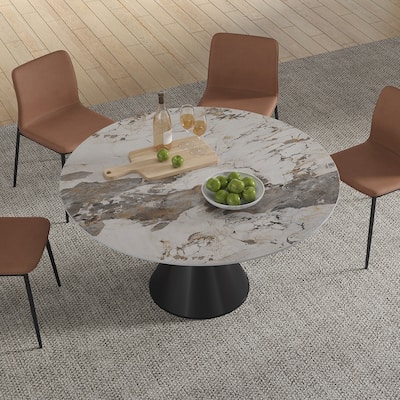 Modern Round Stone Top Black Titanium Stainless Steel Pedestal Dining Table