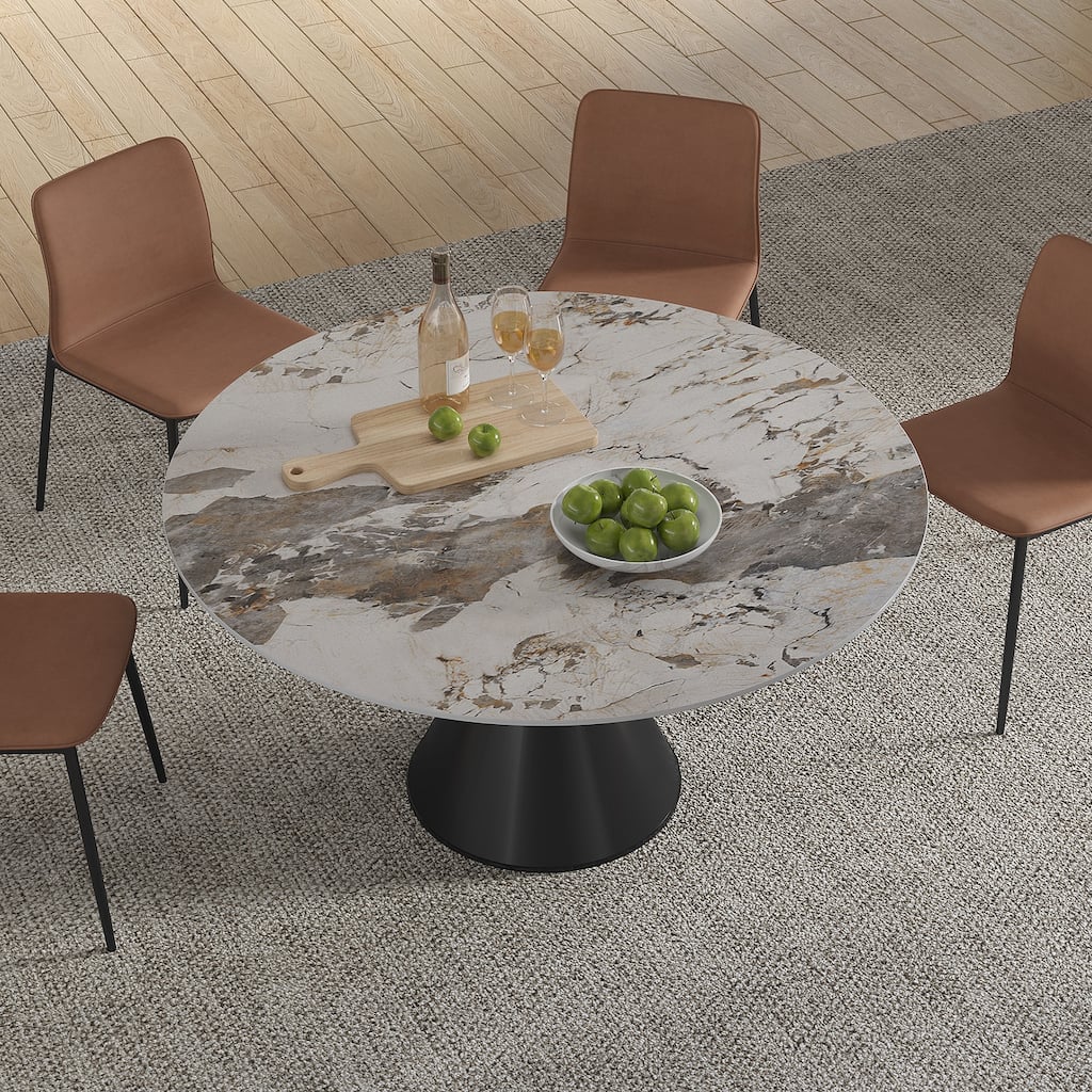 Modern Round Stone Top Black Titanium Stainless Steel Pedestal Dining Table