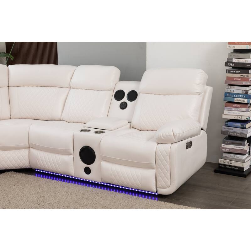 Hathrone 98.5" Wide Vegan Leather Power Reclining Sectional with LED, USB and SubWoofer Sound System