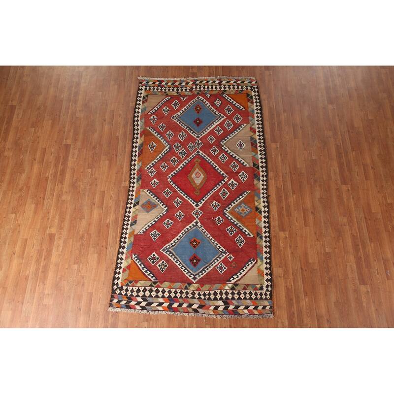 Orange Kilim Qashqai Persian Vintage Area Rug Hand-Woven Wool Carpet - 4'8" x 8'8"