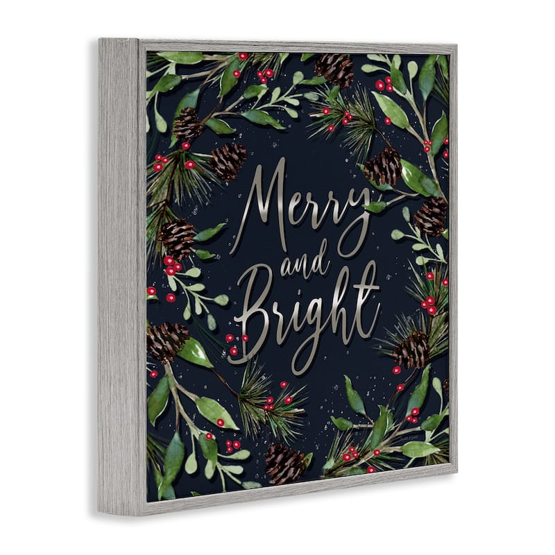 Stupell Merry & Bright with Holly Leaves Framed Giclee Art Design By Elizabeth Tyndall