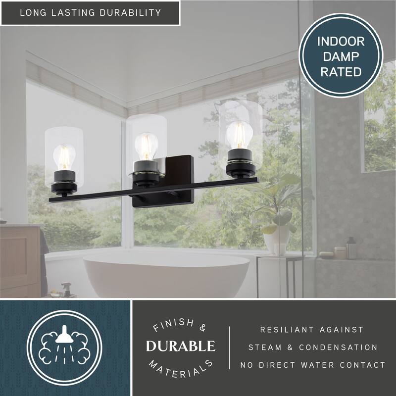 Park Ridge Bathroom Vanity Lighting Wall Fixture, Clear Glass Shade, Dimmable, LED Compatible, Over Mirror Mount Steel