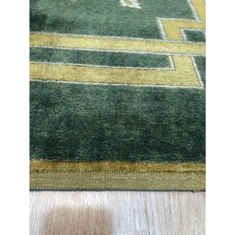 Green Handmade Wool Traditional Rug 9' x 12' - Hand Knotted Natural Dyes Soft Pile Cotton Foundation - N/A