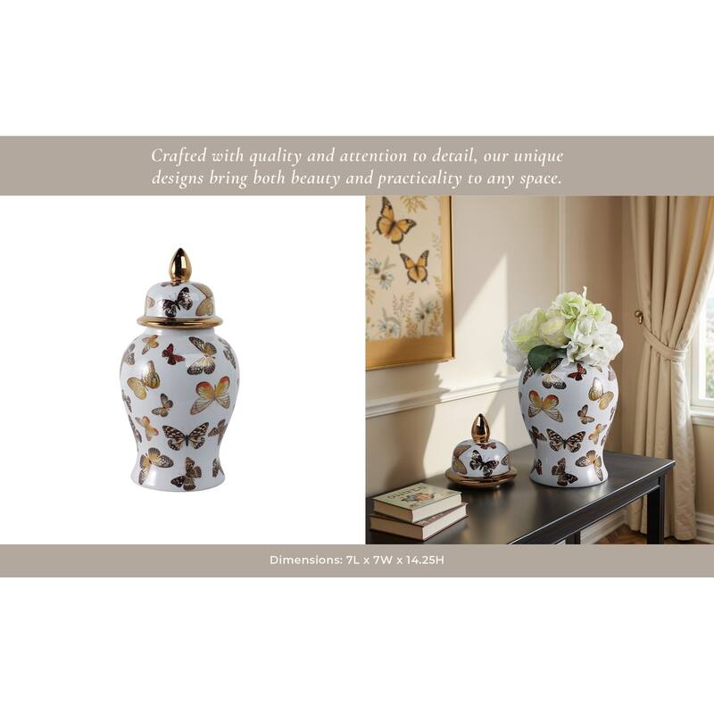Ceramic Decorative Temple Jar with Lid and Metallic Butterfly Motif