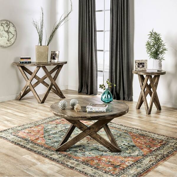 slide 3 of 12, Furniture of America Starella Rustic Round 3-Piece Coffee Table Set Ash Brown