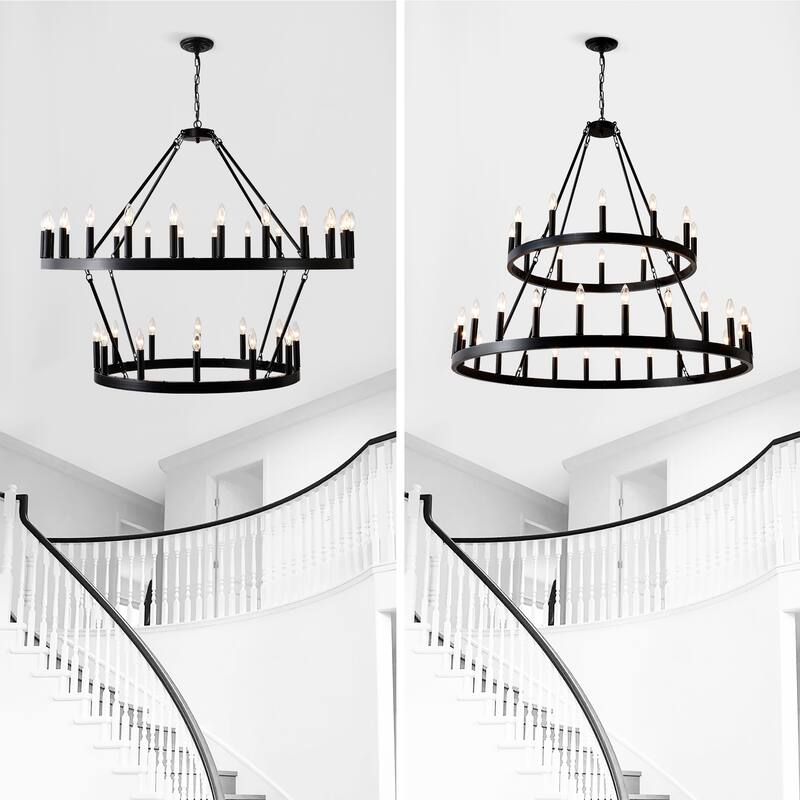 Farmhouse Industrial Style Ceiling Light, 2-Tier 36-Light Wagon Wheel Chandelier, for High-Ceilinged Living Rooms Dining Rooms