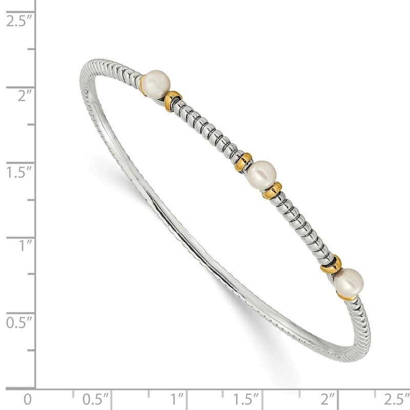 Curata Sterling Silver 14k Gold Accent 5mm Freshwater Pearl Station Slip on Bangle Bracelet