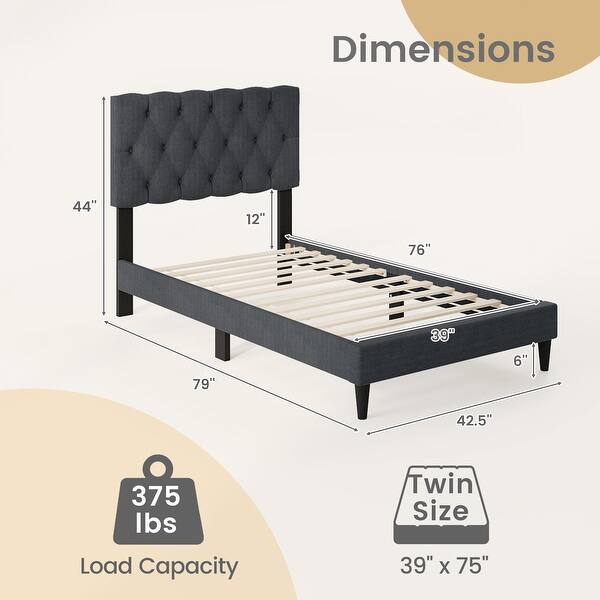 Gray Faux Linen Twin Platform Bed Tufted Headboard Sturdy Frame