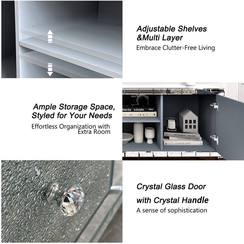 60" Crystal Mirrored TV Console with Sparkling Diamond Glass Doors, Adjustable Shelves & Open Storage