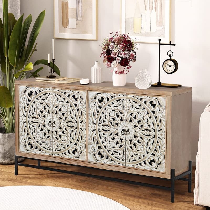Elegant Storage Sideboard Cabinet with Carved Wood 4-Door for Living Room or Dining Area