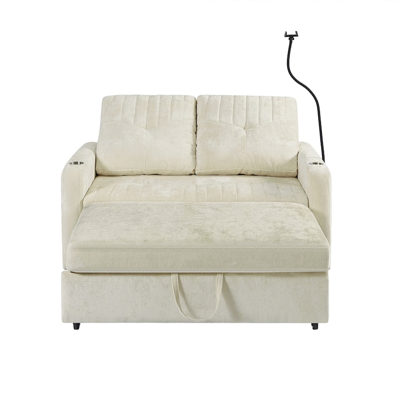 Multi-Functional Sleeper Sofa Pull-Out Loveseat with USB Charging, Sofa Bed with Adjustable Backrest and Storage Pockets