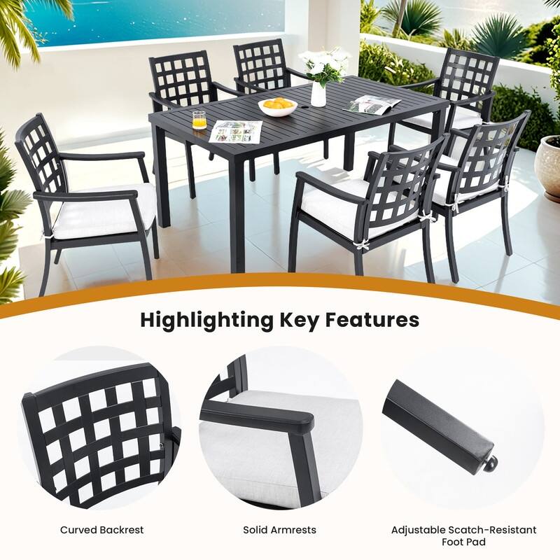 7-Piece Modern Classic Outdoor Patio Dining Set: Rectangular Cast Aluminum Table & 6 Stationary Chairs. Rust-Free