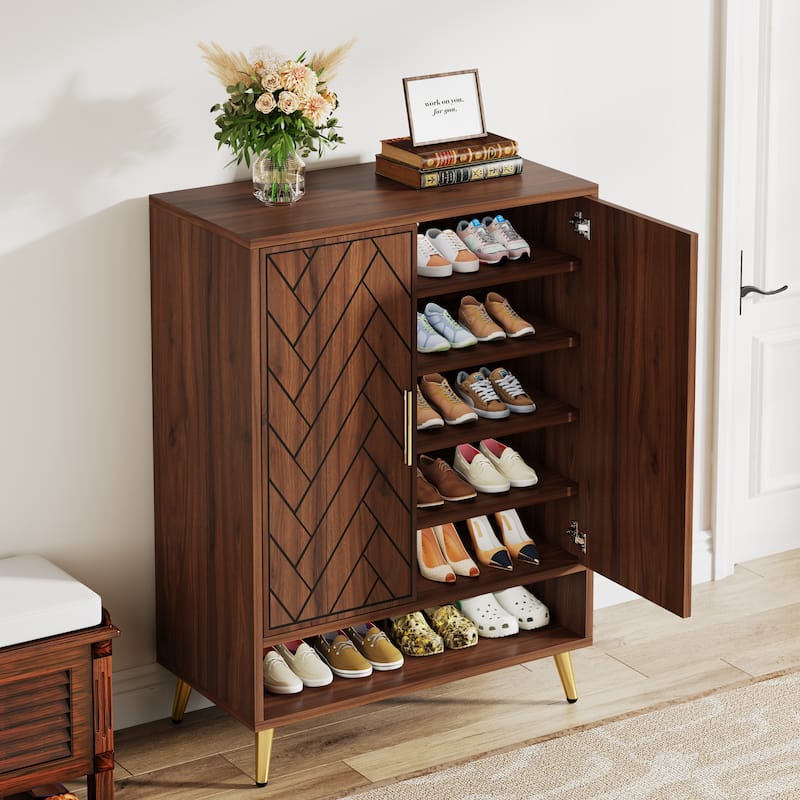 Wood and Metal 2-door Shoe Storage Cabinet with Adjustable Shelves for Entryway