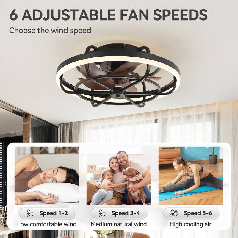 19.7" Flush Mount Caged Dimmable LED Ceiling Fan with Light and Remote