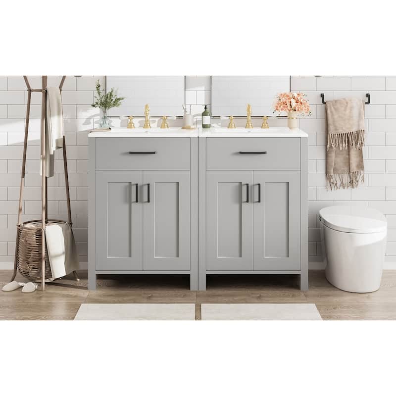 Roomfitters Modern 48" Bathroom Vanity with Ceramic Sink, Soft-Close Doors, Flip Drawer and Double-Layer Door Shelves