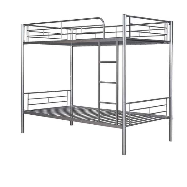 slide 2 of 14, Modern Classic Design Twin Over Twin Metal Bunk Bed,Side Stairs and Guardrails Silver