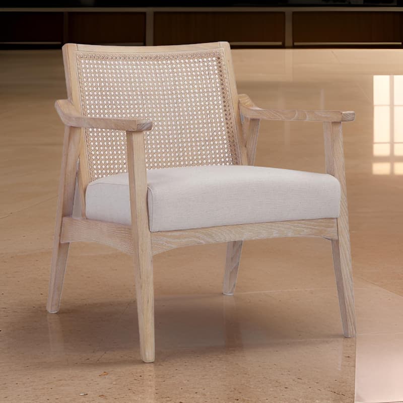 28 Inch Lounge Armchair with Cane Back, Beige Polyester Boucle, Brown Frame