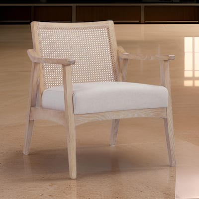 28 Inch Lounge Armchair with Cane Back, Beige Polyester Boucle, Brown Frame