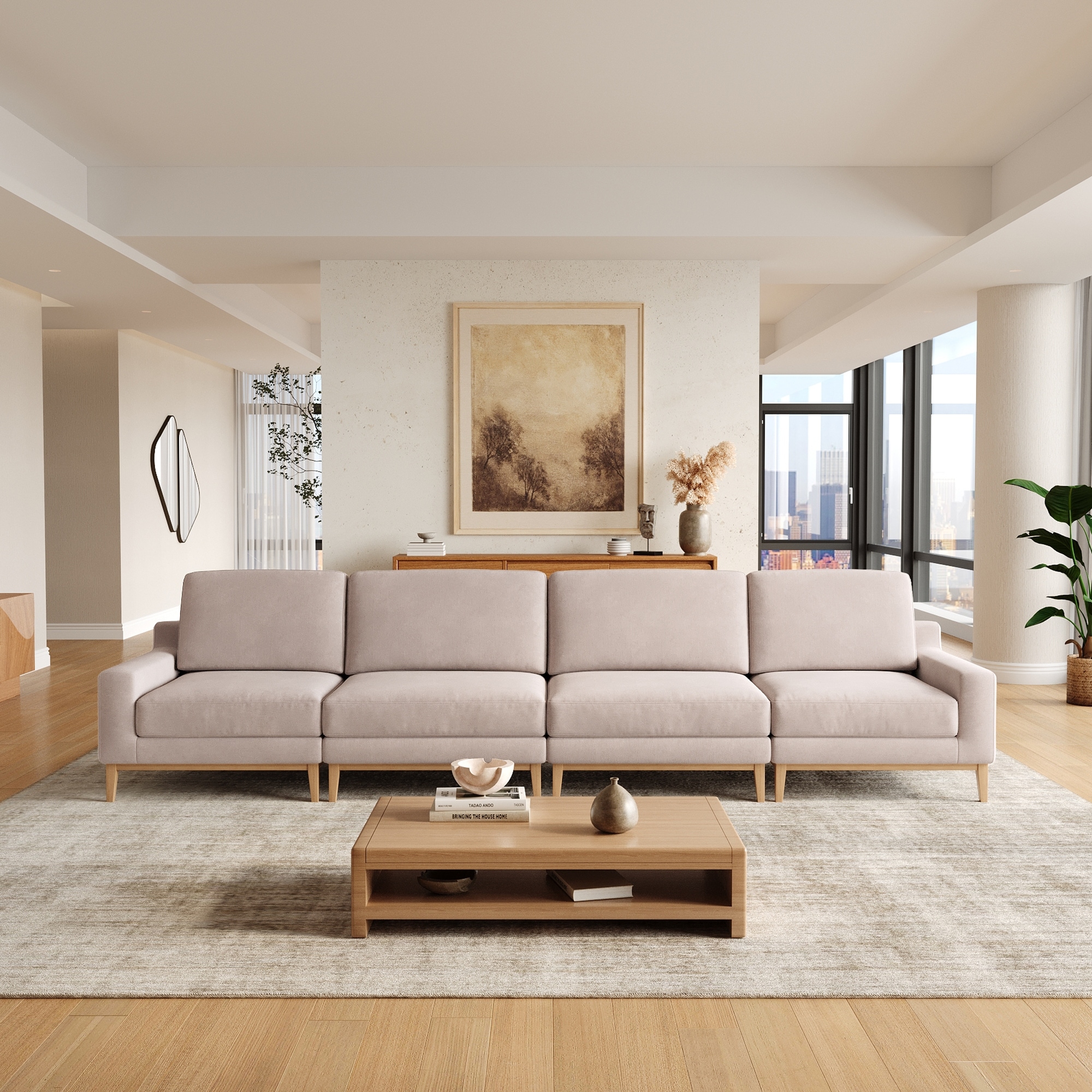 Modern 4-Seat Sectional Sofa With Solid Wood Legs Detachable Seat Cushion & Backrest Cover