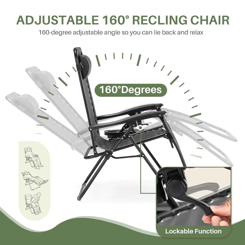 Set of 2 Folding Reclining Lounge Chair, Outdoor Zero Gravity Recliner W/Side Tray & Detachable Headrest Pillow