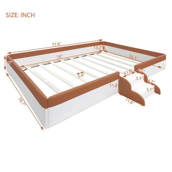 dimension image slide 0 of 4, Brown White Sofa Bed Two-color Daybed Toddler Floor Bed with Fence and Stairs Grounded Wood Slat Support Frame Upholstered Bed
