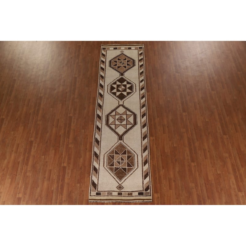 Natural Dye Handmade Kurdish Turkish Runner Rug Beige Wool Carpet - 3'4"x 11'9"