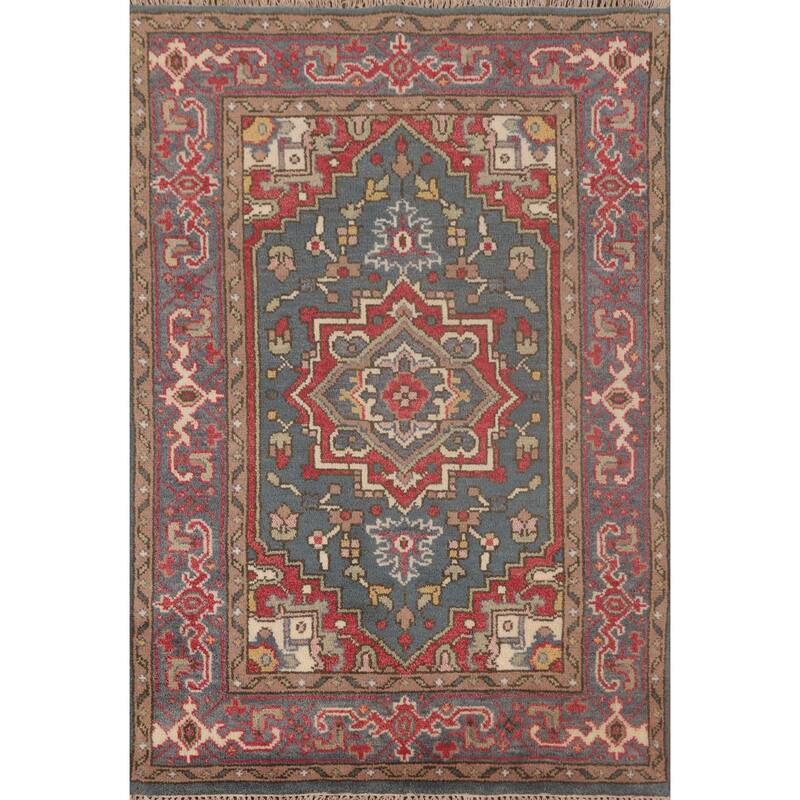 Geometric Heriz-Serapi Oriental Foyer Rug Hand-Knotted Wool Carpet - 3'10" x 5'9"