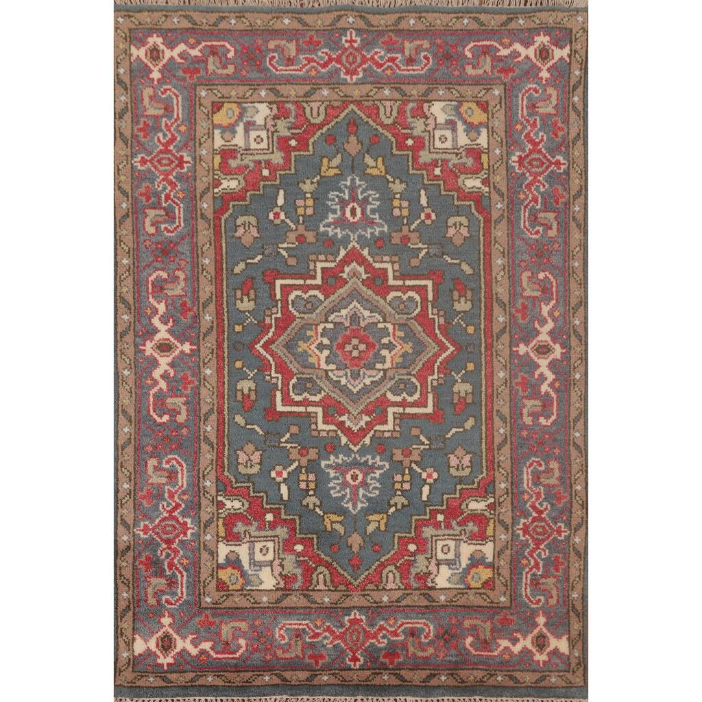 Geometric Heriz-Serapi Oriental Foyer Rug Hand-Knotted Wool Carpet - 3'10" x 5'9"