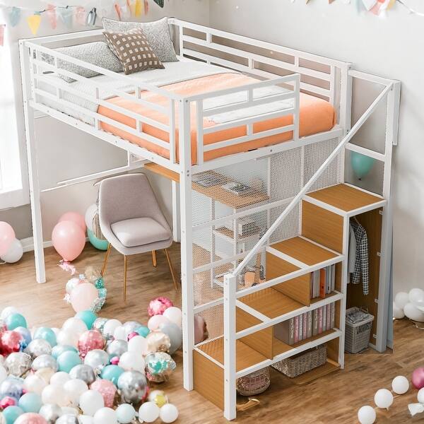 slide 2 of 32, Metal Full Size Loft Bed with Wardrobe,Desk,Storage Shelves White