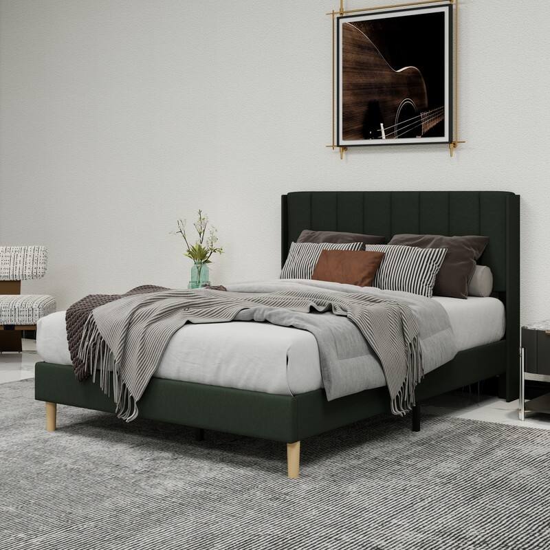 Caxkun Upholstered Platform Bed Frame with Wingback headboard - Black - Full