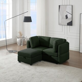 Image showcasing Space Saving Sectional Sofa with Storage Seats and Ottoman, Green - Bed ...