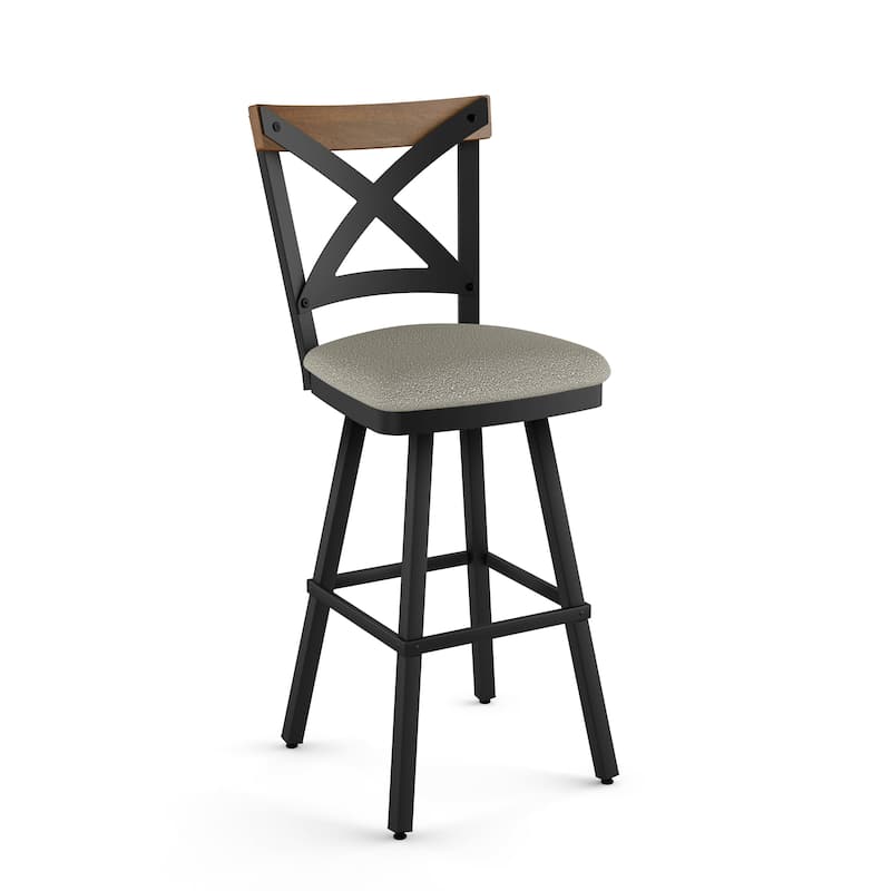 Amisco Snyder Swivel Counter and Bar Stool - Light Beige-Grey Bouclé/Brown Wood/Black Metal - Counter Height