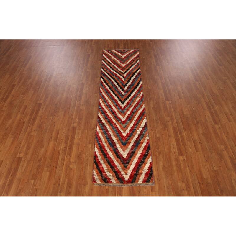 Chevron Style Moroccan Oriental Runner Rug Hand-Knotted Wool Carpet - 2'5" x 9'11"