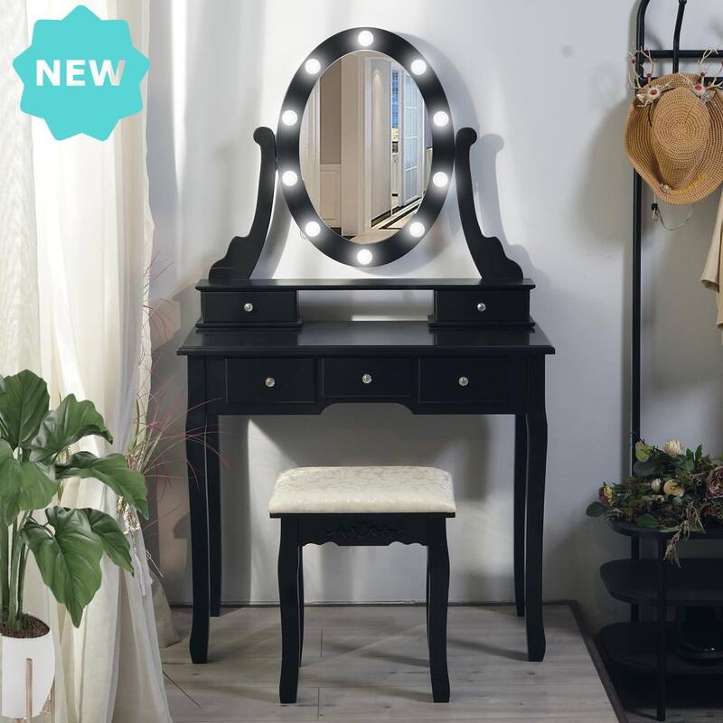 Space-Saving Makeup Vanity with LED Lights - 5 Drawer Desk and Stool - Black
