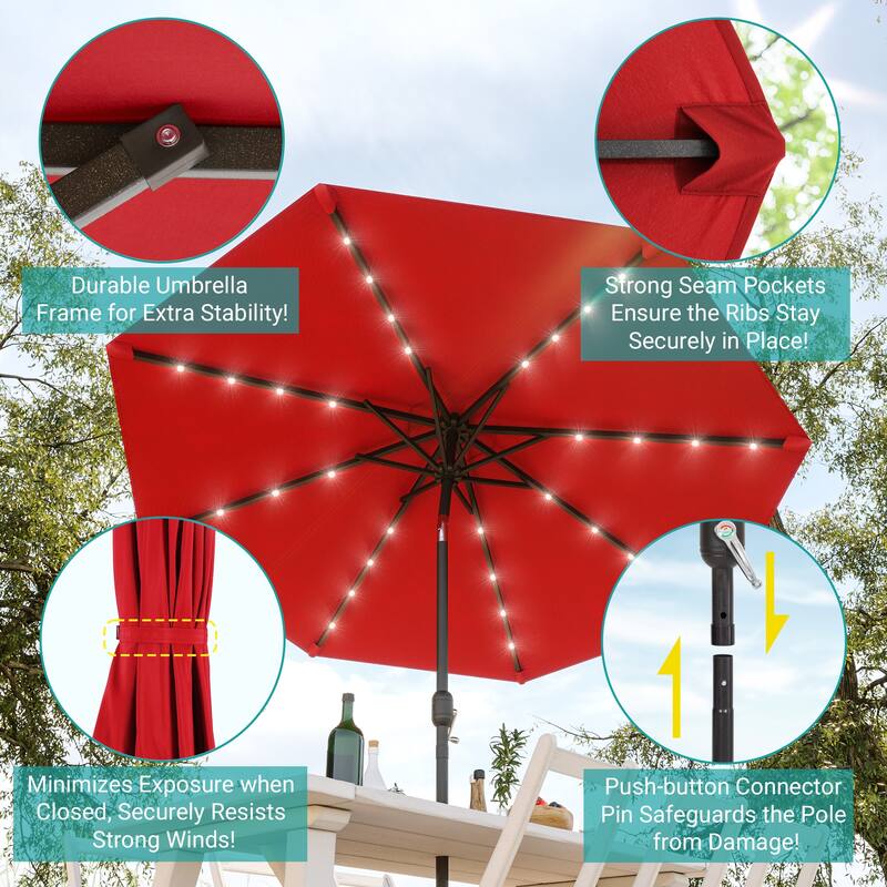 BONOSUKI Patio 10Ft LED Market Umbrellas With Solar Lights, Table Umbrella for Patio and Outdoor With Tilt Button
