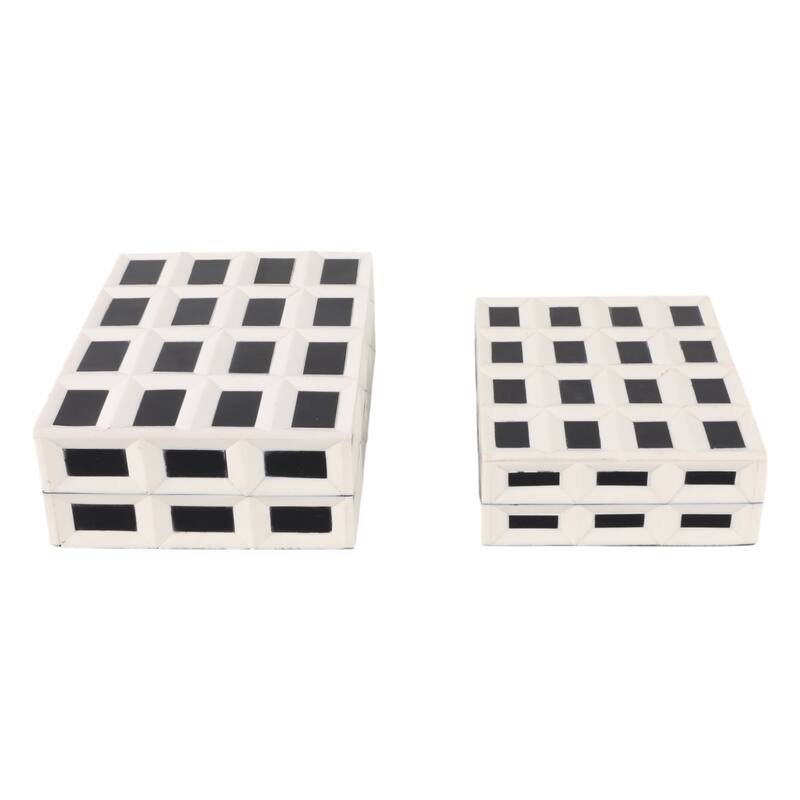 Decorative Checkered Pattern Box with Lid - Set of 2, 10", 12" White - 12.25"