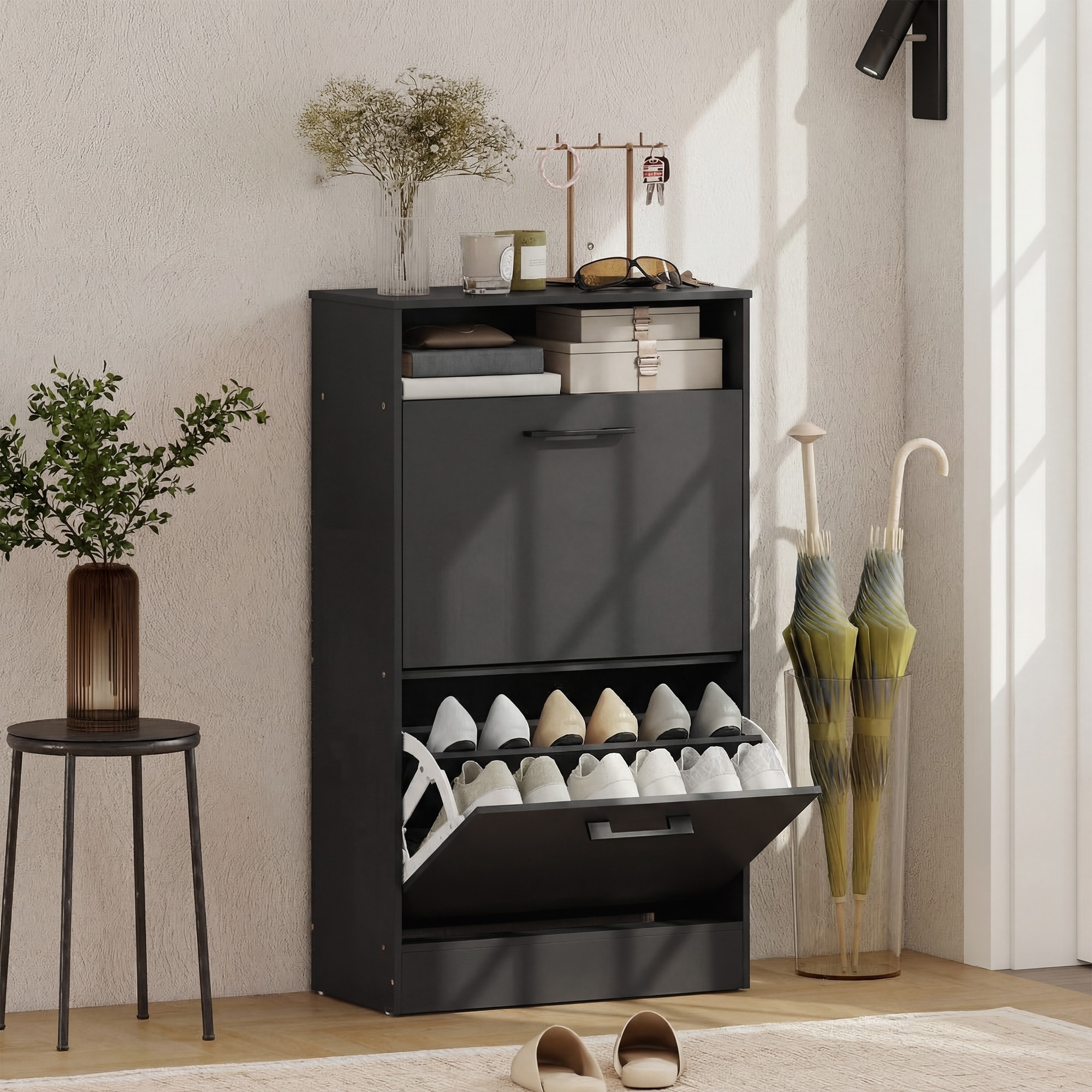 HOMCOM Shoe Cabinet with 2 Flip Drawers and Open Shelf, Narrow Shoe Storage Cabinet with Adjustable Dividers, Entryway