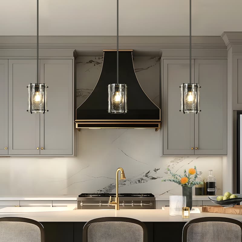 Modern Black 1-Light Pendant Light with Handmade Glass for Kitchen Island - Dia. 6.7" x H 9.1"