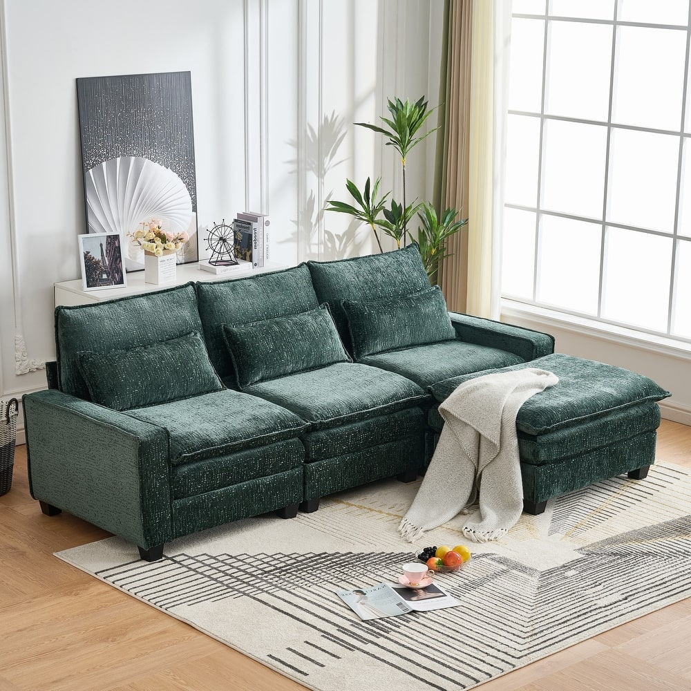 Cloud Chenille L-shaped Sectional Sofa, Deep Seat Couch with Thick Cushions, Movable Ottoman and Waist Pillows for Living Room