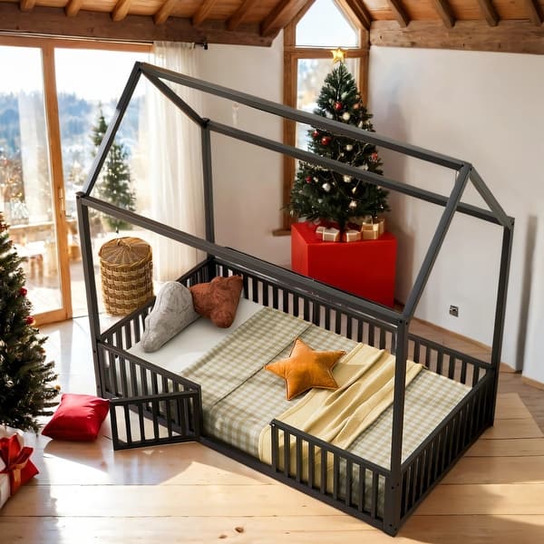 slide 2 of 14, House-Shaped Design Twin Size Metal House Bed with Fence and Door,Solid Construction Black