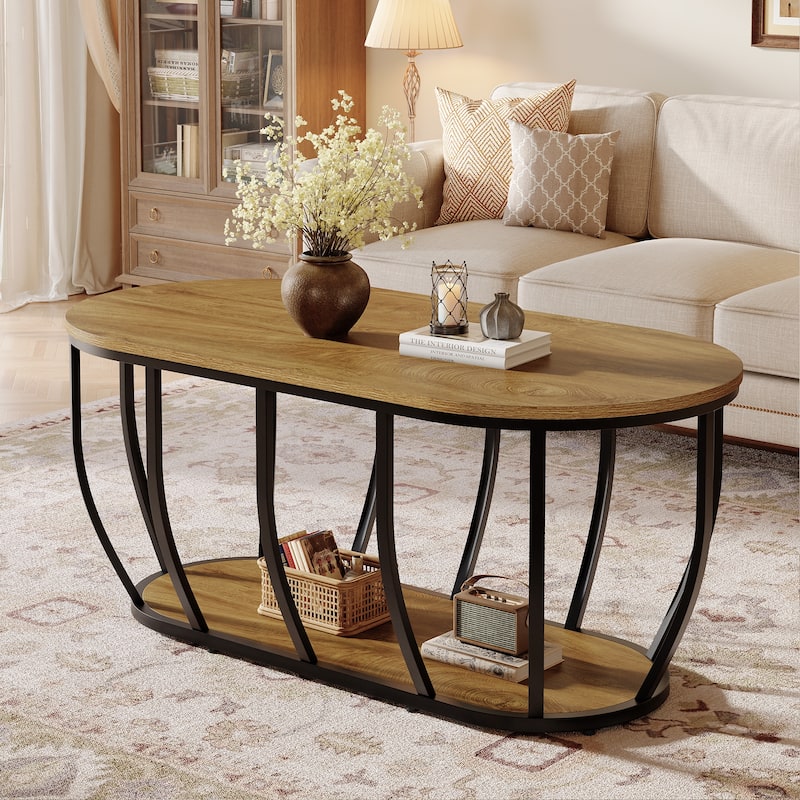 Industrial Coffee Table with 2-Tier Storage - Brown