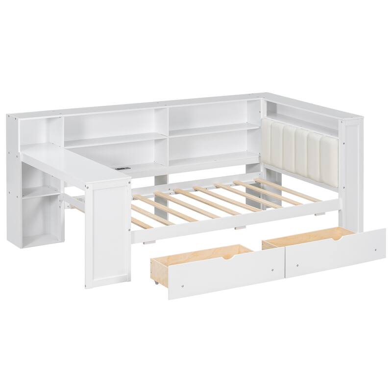 Wood Platform Bed with Integrated Desk, Storage Shelves, USB Charging Station, LED Headboard