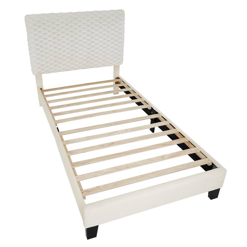 Twin Size Plush 3D Upholstered Platform Bed in White Dove with Adjustable Headboard and Sturdy Plywood Frame