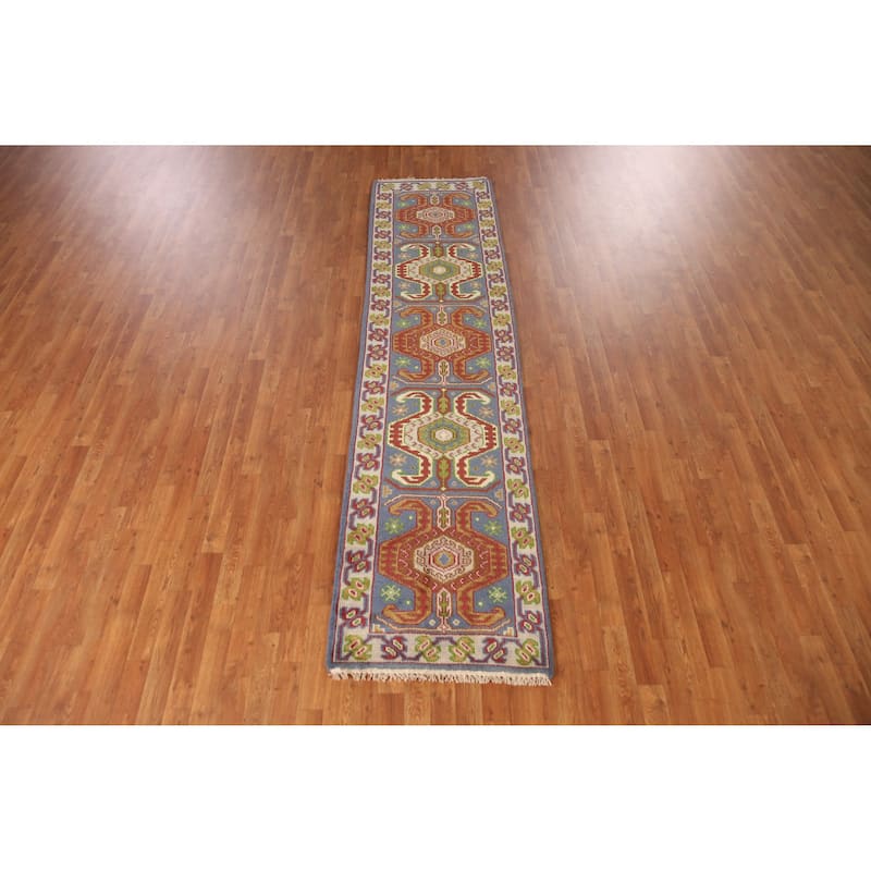 Blue Geometric Heriz Serapi Style Runner Rug Hand-Knotted Wool Carpet - 2'5" x 9'9"